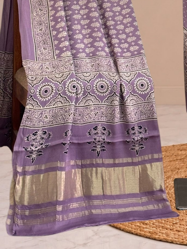 Premium  Ajrakh Hand Block Print Modal Silk 3-Piece Suit Set with Zari Pallu Dupatta