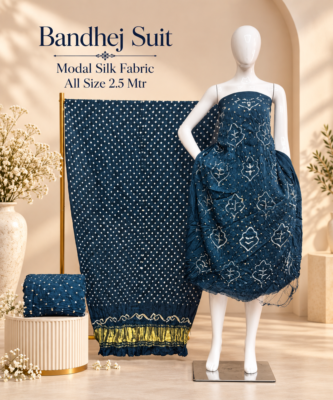 Premium Barik Bandhej Modal Silk 3-Piece Suit with Tissue Pallu - The Ajrakh Studio