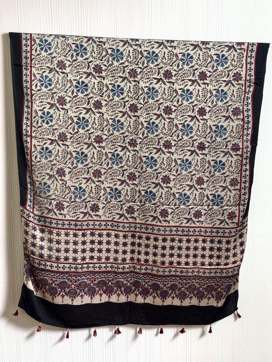 Ajrakh Modal Silk Natural Dye Dupatta with Tassels 01 - The Ajrakh Studio