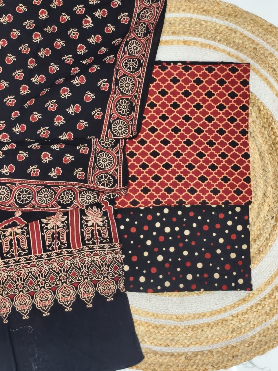 Pure Cotton Ajrakh Screen Print Natural Dye 3-Piece Suit 08 - The Ajrakh Studio