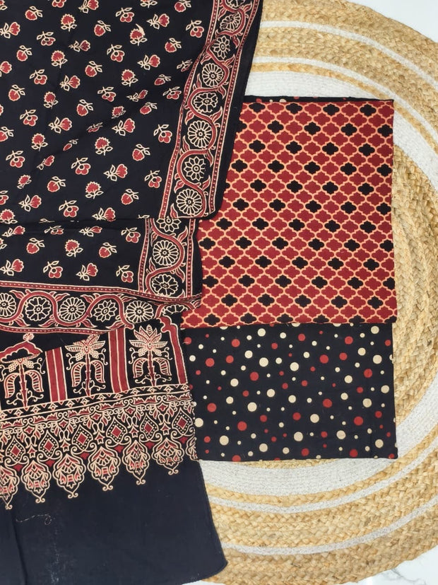 Pure Cotton Ajrakh Screen Print Natural Dye 3-Piece Suit 08 - The Ajrakh Studio