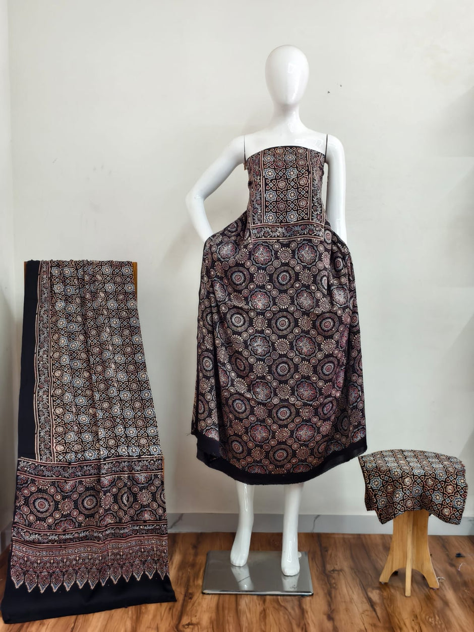 Havi Pure Modal Silk Ajrakh Natural Dye 3-Piece Suit 03 - The Ajrakh Studio