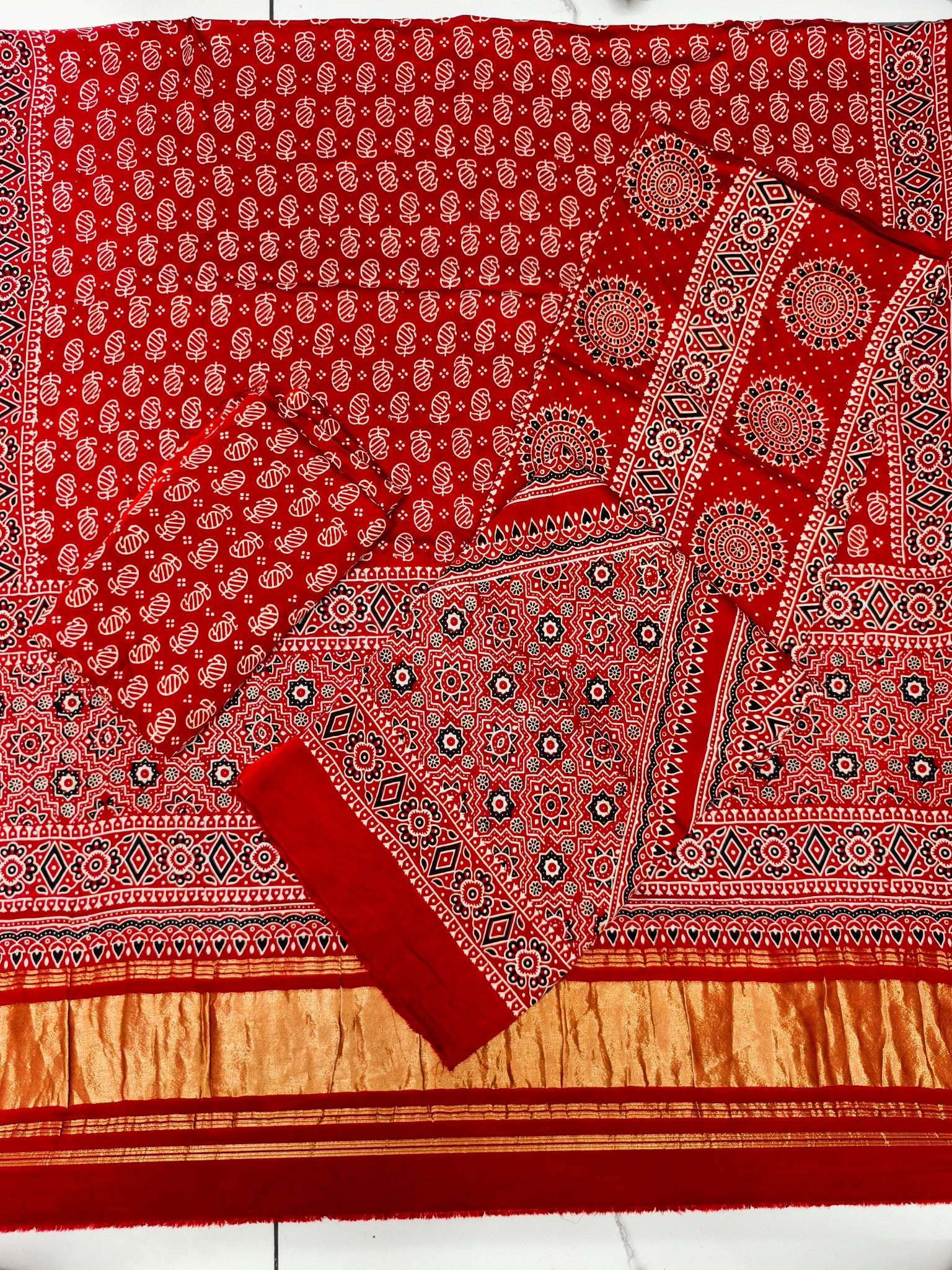 Premium Ajrakh Hand Block Print Modal Silk 3-Piece Suit Set with Zari Pallu Dupatta