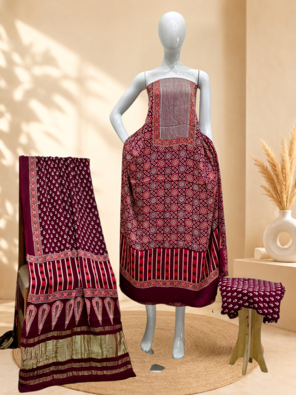 Premium Ajrakh Hand Block Print Modal Silk 3-Piece Suit Set with Zari Pallu Dupatta