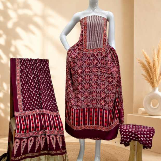 Premium Ajrakh Hand Block Print Modal Silk 3-Piece Suit Set with Zari Pallu Dupatta