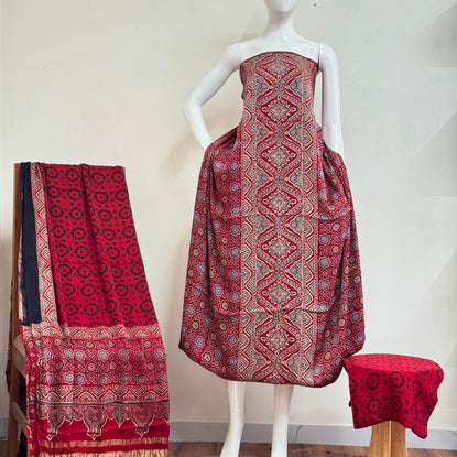 Ajrakh Hand Block Print Natural Dye Pure Modal Silk 3 Piece Suit with Zari Pallu Dupatta