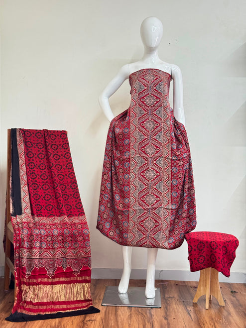 Ajrakh Hand Block Print Natural Dye Pure Modal Silk 3 Piece Suit with Zari Pallu Dupatta