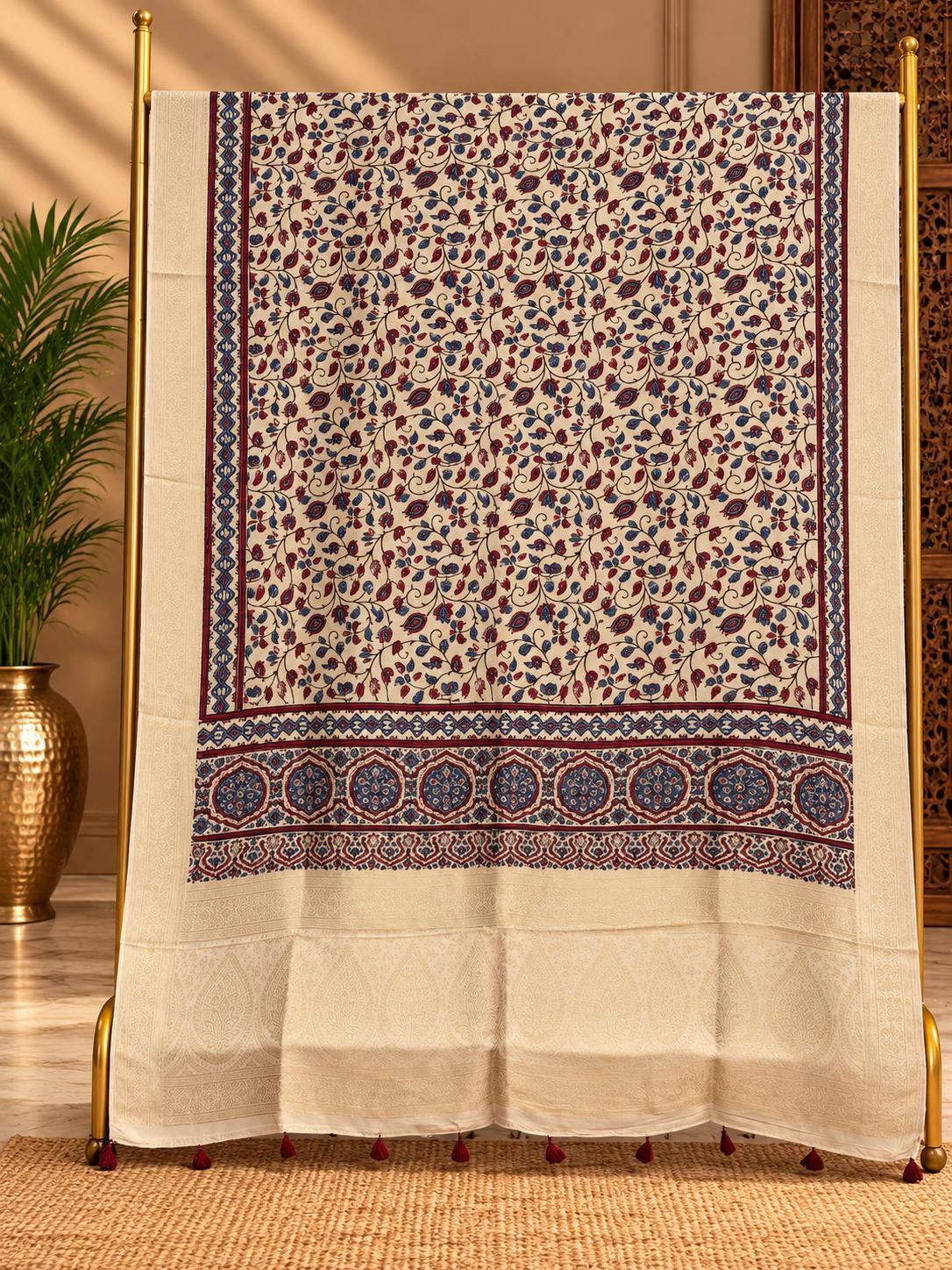 Dola Silk Ajrakh Hand Block Print Natural Dye Dupatta - The Ajrakh Studio