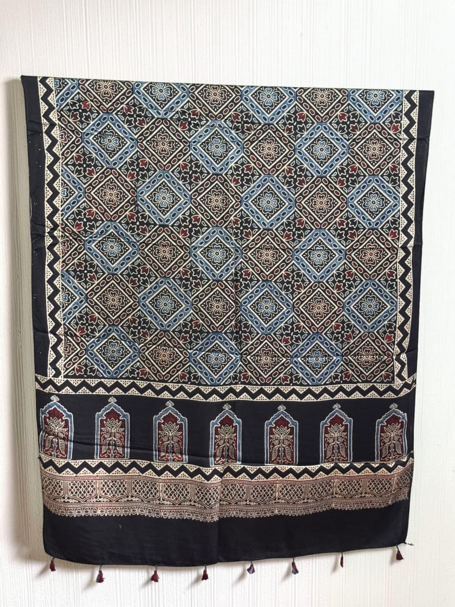 Ajrakh Modal Silk Natural Dye Dupatta with Tassels 26 - The Ajrakh Studio