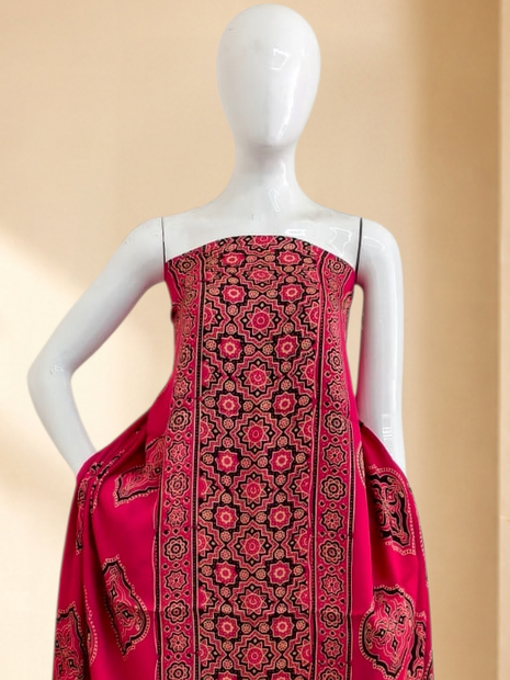 Premium Ajrakh Hand Block Print Modal Silk 3-Piece Suit Set with Zari Pallu Dupatta