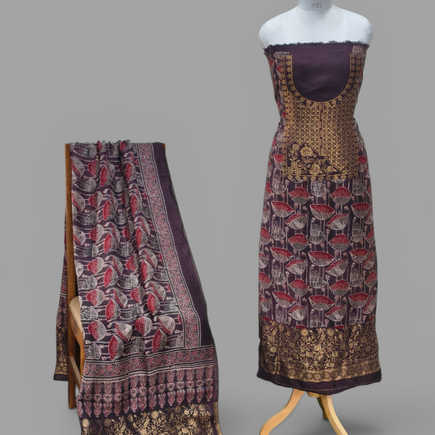 Premium Dola Silk Ajrakh Hand Block Print Natural Dye 2-Piece Suit with Zari Border Dupatta