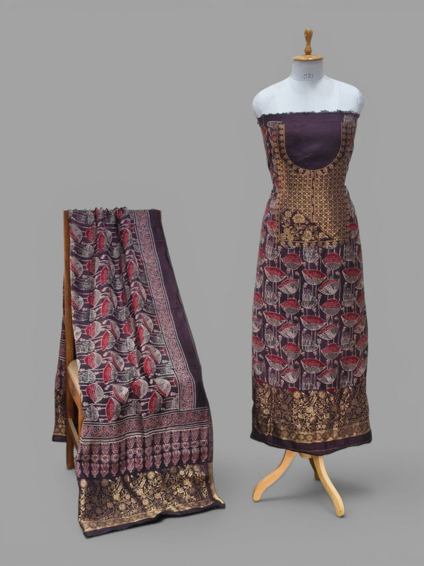 Premium Dola Silk Ajrakh Hand Block Print Natural Dye 2-Piece Suit with Zari Border Dupatta