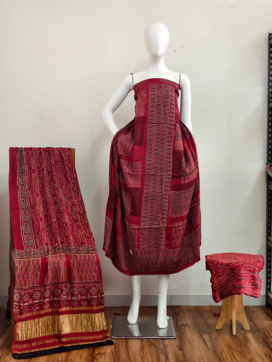 Havi Pure Modal Silk Ajrakh Natural Dye Zari Pallu Suit 03 - The Ajrakh Studio