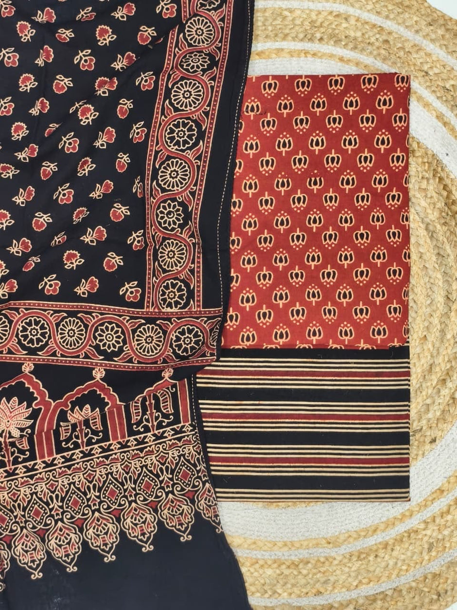 Pure Cotton Ajrakh Screen Print Natural Dye 3-Piece Suit 07 - The Ajrakh Studio