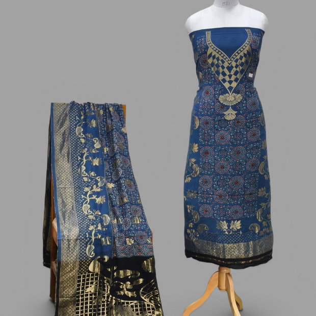 Premium Dola Silk Ajrakh Hand Block Print Natural Dye 2-Piece Suit with Zari Border Dupatta