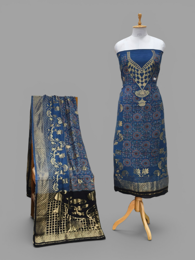 Premium Dola Silk Ajrakh Hand Block Print Natural Dye 2-Piece Suit with Zari Border Dupatta