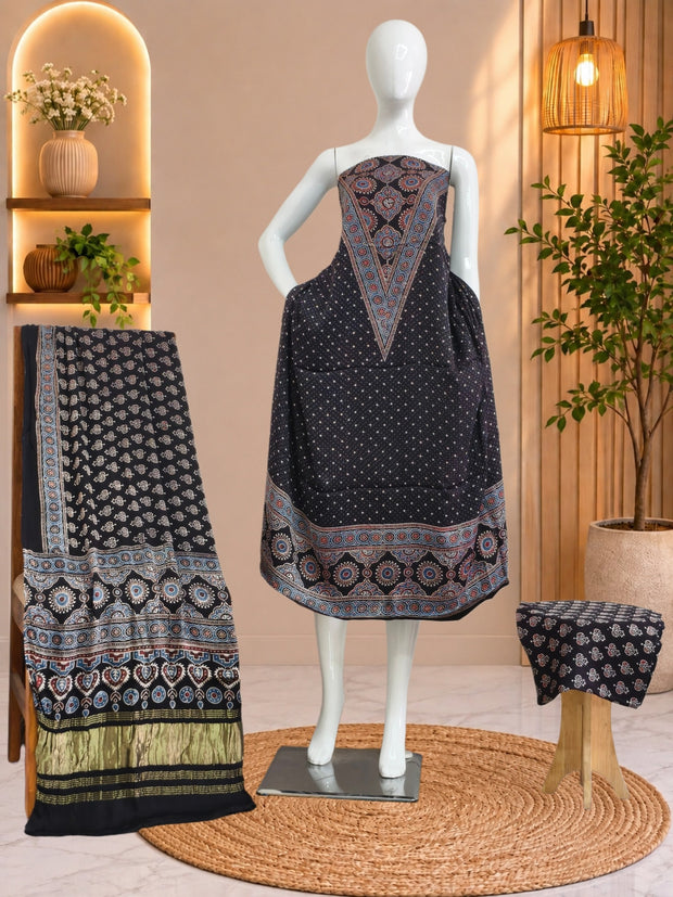 Ajrakh Hand Block Print Natural Dye Pure Modal Silk 3 Piece Suit with Zari Pallu Dupatta
