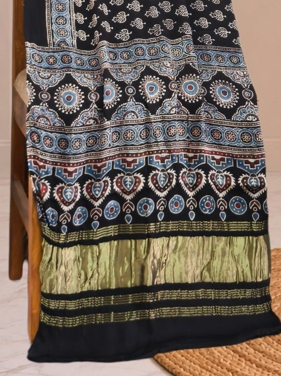 Ajrakh Hand Block Print Natural Dye Pure Modal Silk 3 Piece Suit with Zari Pallu Dupatta
