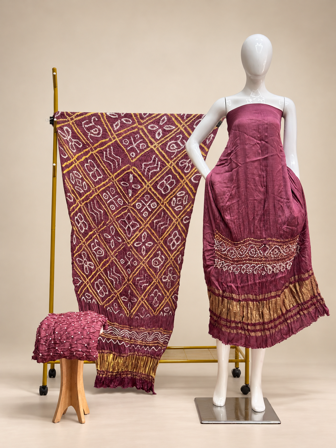 Premium Bandhej Modal Silk 3-Piece Suit with Bar Bhat Dupatta & Zari Pallu - The Ajrakh Studio