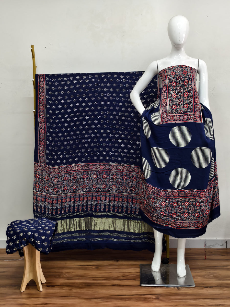 Havi Modal Silk Ajrakh Neptol Dye & Discharge Print Panel Design 3-Piece Suit - The Ajrakh Studio