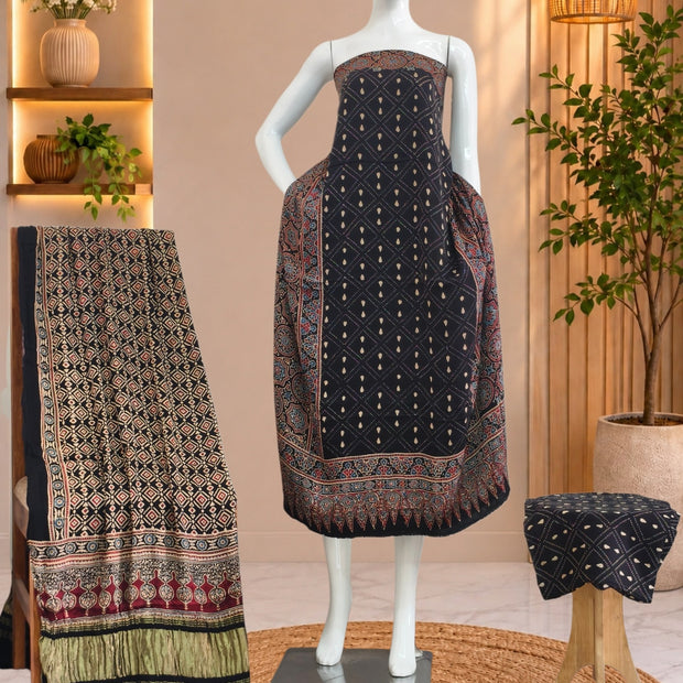 Ajrakh Hand Block Print Natural Dye Pure Modal Silk 3 Piece Suit with Zari Pallu Dupatta