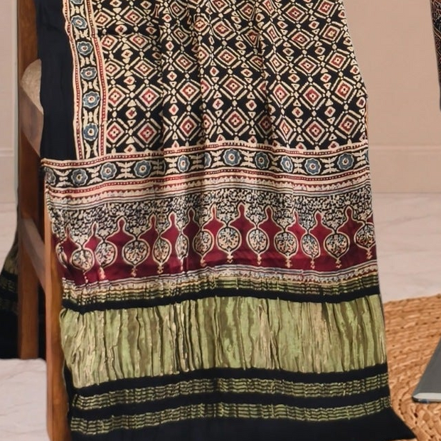 Ajrakh Hand Block Print Natural Dye Pure Modal Silk 3 Piece Suit with Zari Pallu Dupatta