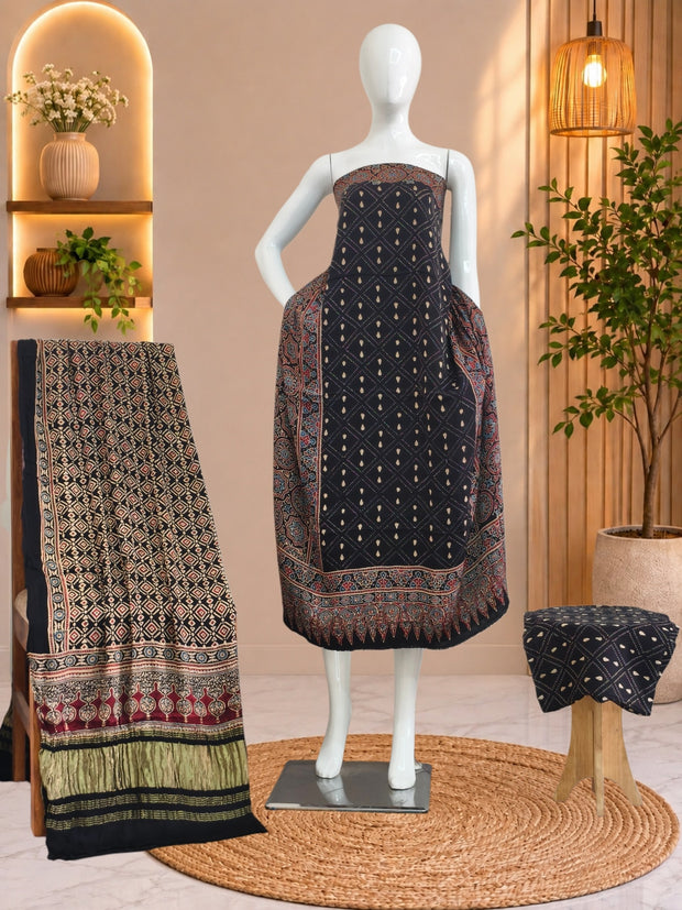 Ajrakh Hand Block Print Natural Dye Pure Modal Silk 3 Piece Suit with Zari Pallu Dupatta