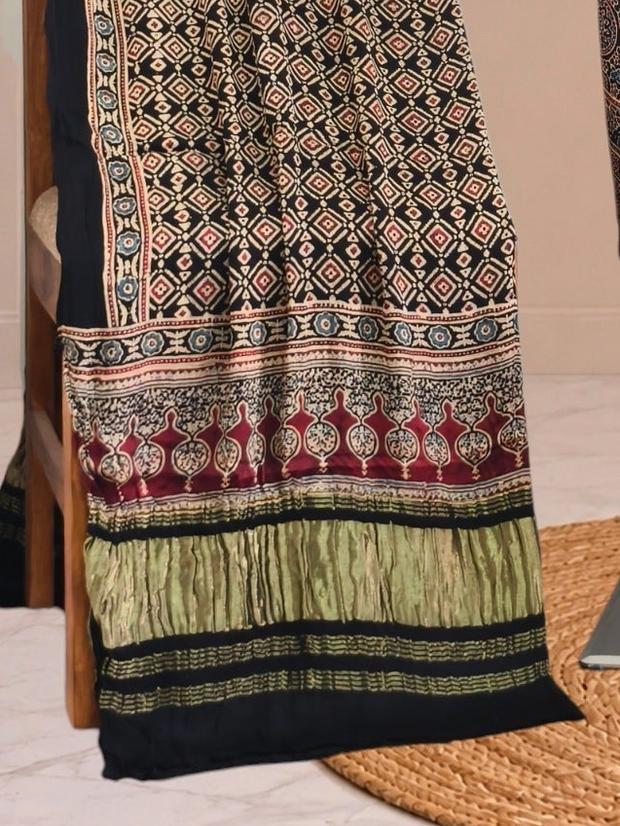 Ajrakh Hand Block Print Natural Dye Pure Modal Silk 3 Piece Suit with Zari Pallu Dupatta