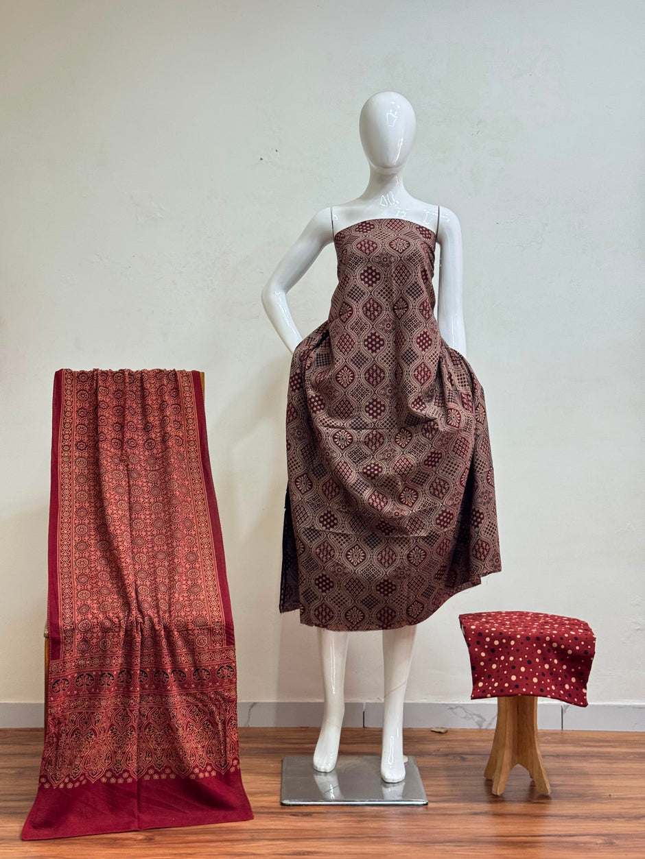 Pure Cotton Ajrakh Screen Print Natural Dye 3-Piece Suit 20 - The Ajrakh Studio