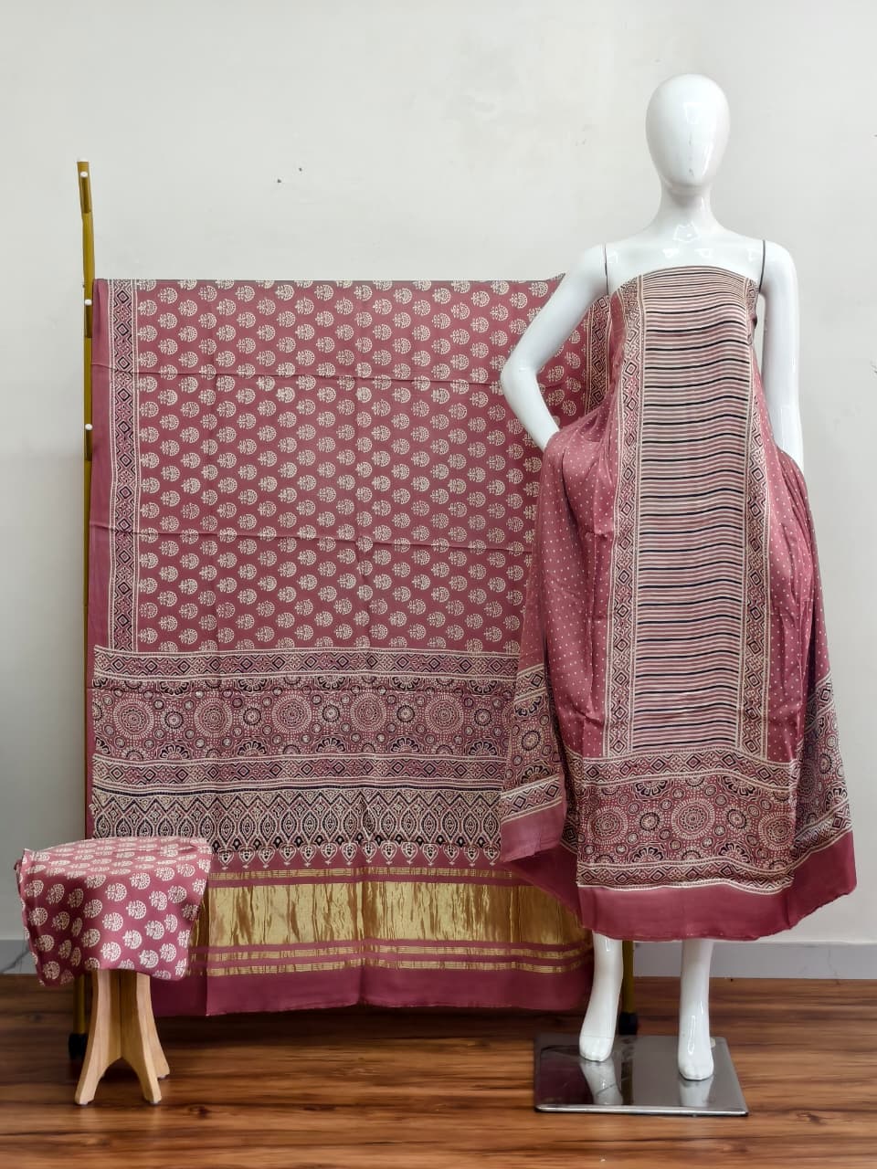 Havi Modal Silk Ajrakh Neptol Dye & Discharge Print Panel Design 3-Piece Suit - The Ajrakh Studio