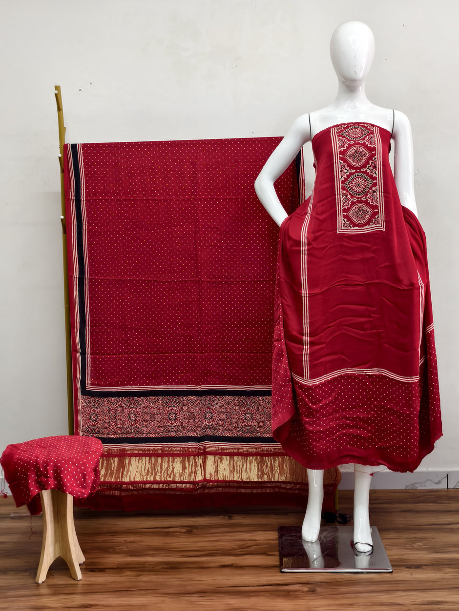 Havi Modal Silk Ajrakh Neptol Dye & Discharge Print Panel Design 3-Piece Suit - The Ajrakh Studio