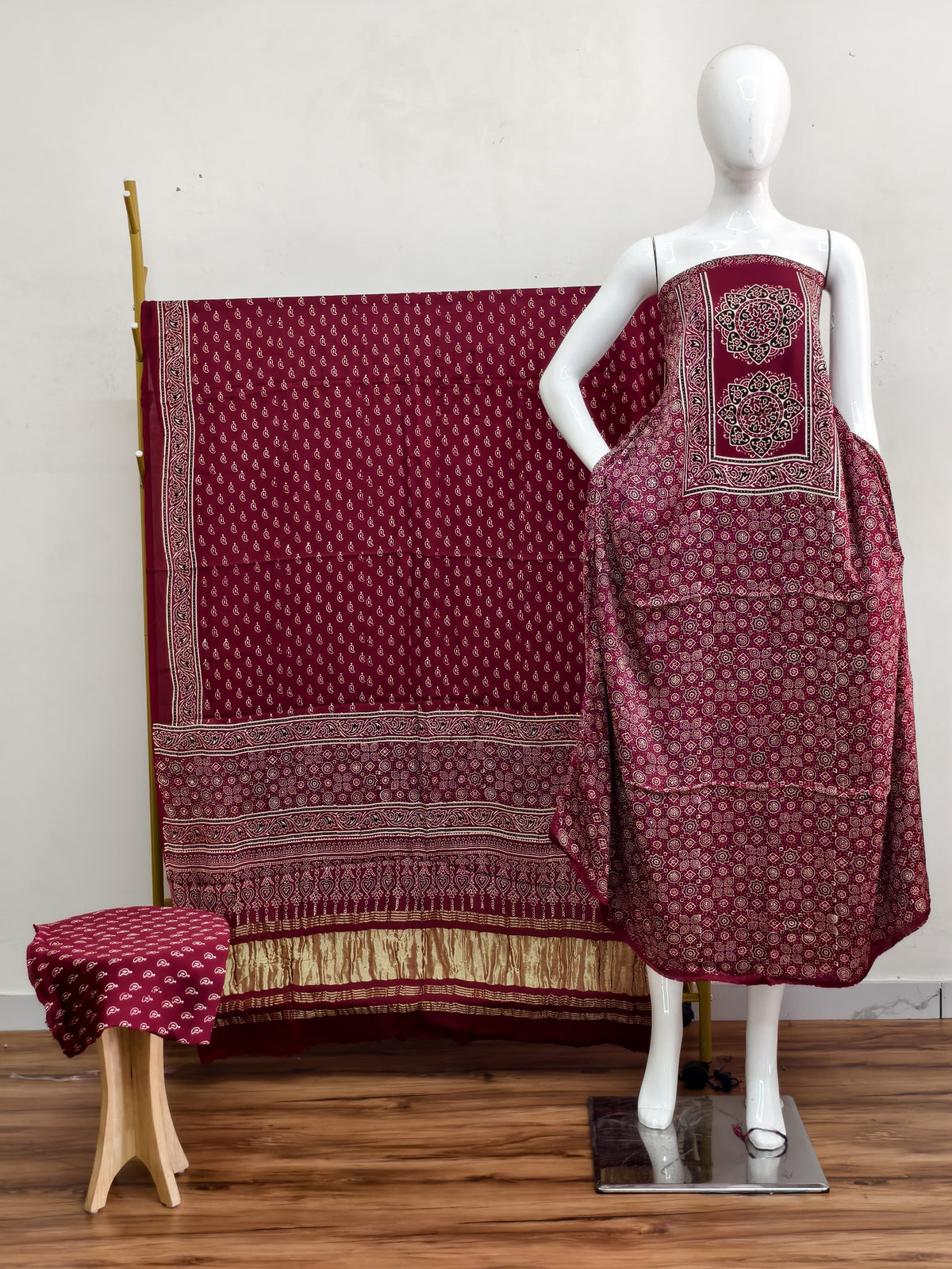 Havi Modal Silk Ajrakh Neptol Dye & Discharge Print Panel Design 3-Piece Suit - The Ajrakh Studio