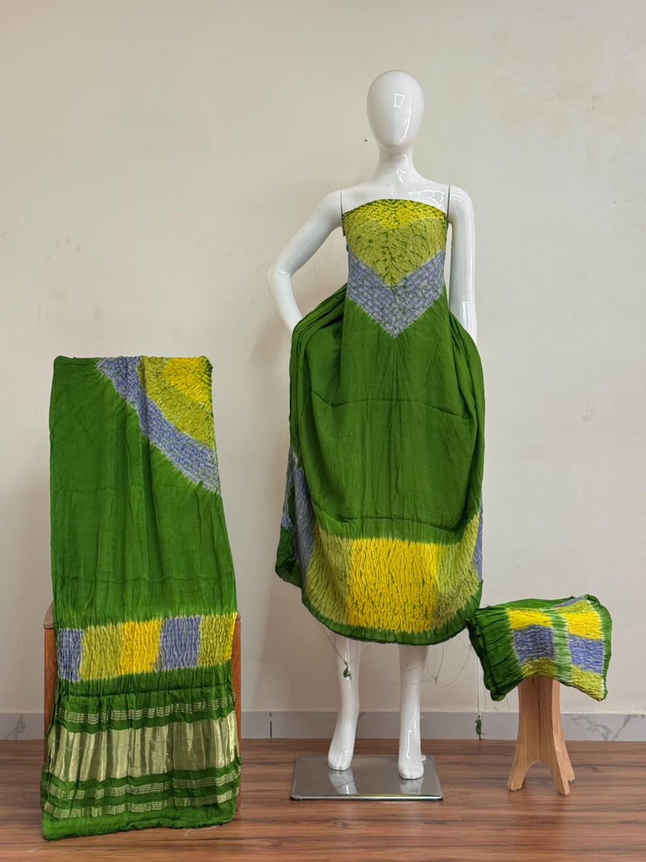 Modal Silk Multi Shibori Neck Daman Patta Zari Pallu Suit 09 - The Ajrakh Studio