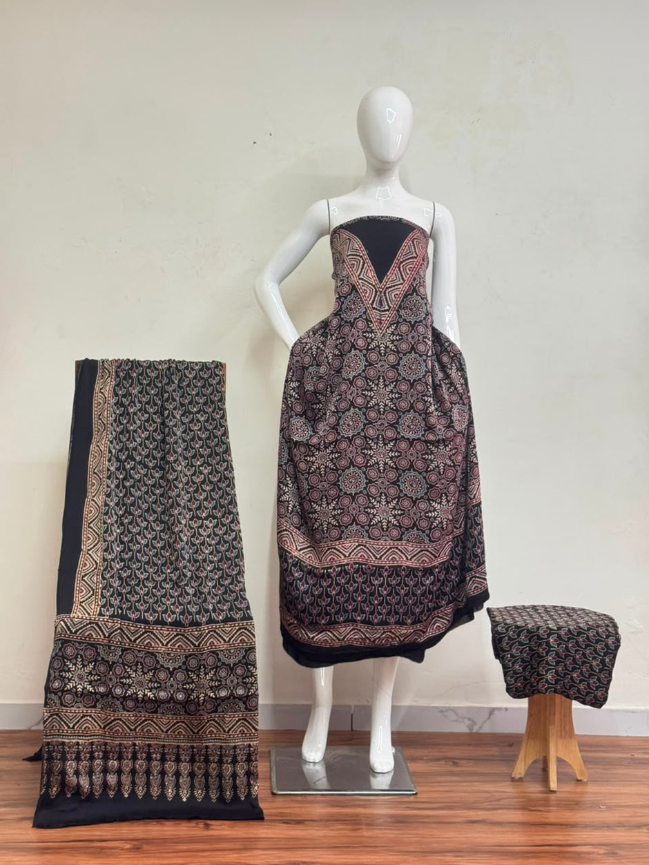 Havi Pure Modal Silk Ajrakh Hand Block Print Natural Dye Suit 103 - The Ajrakh Studio