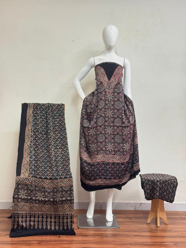 Havi Pure Modal Silk Ajrakh Hand Block Print Natural Dye Suit 103 - The Ajrakh Studio