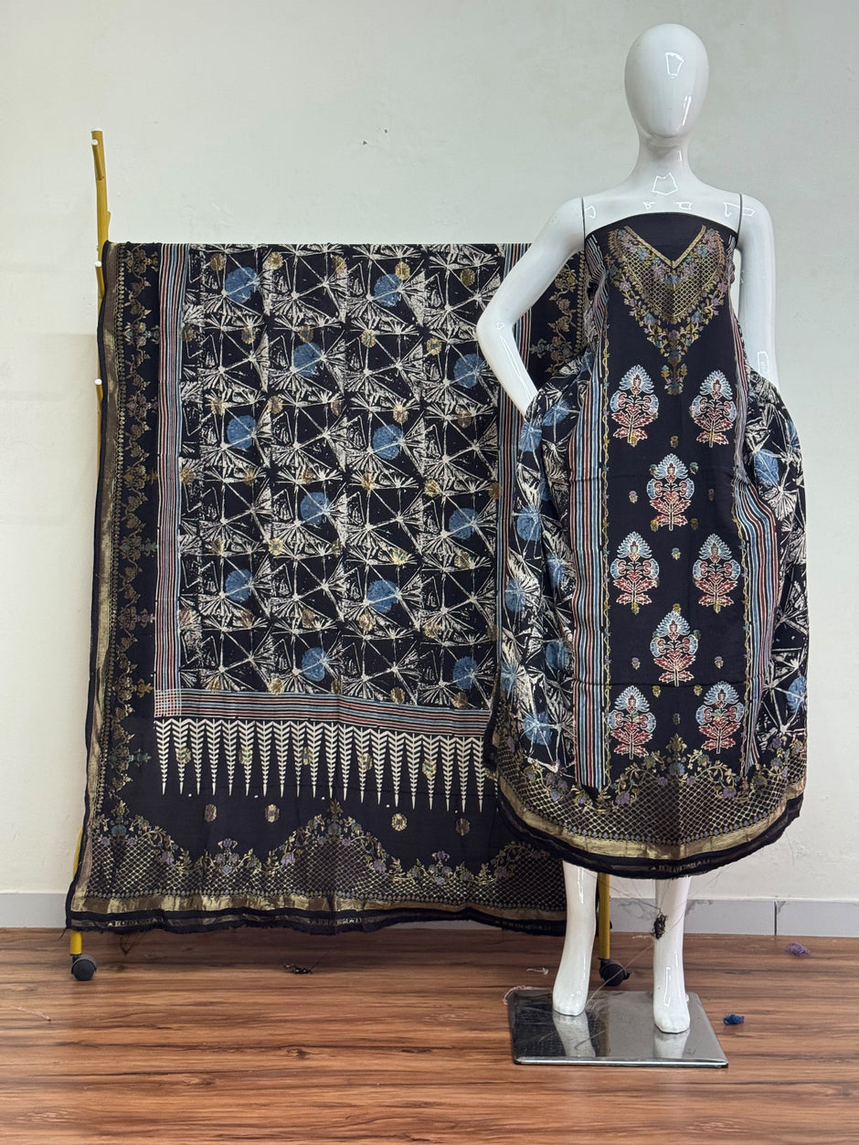 Meena Kari Dola Silk Ajrakh Hand Block Print 2-Piece Suit 03 - The Ajrakh Studio