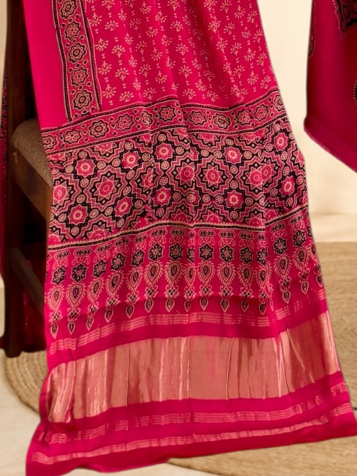 Premium Ajrakh Hand Block Print Modal Silk 3-Piece Suit Set with Zari Pallu Dupatta