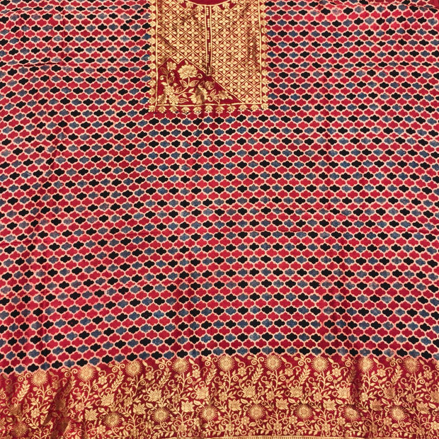 Premium Dola Silk Ajrakh Hand Block Print Natural Dye 2-Piece Suit with Zari Border Dupatta