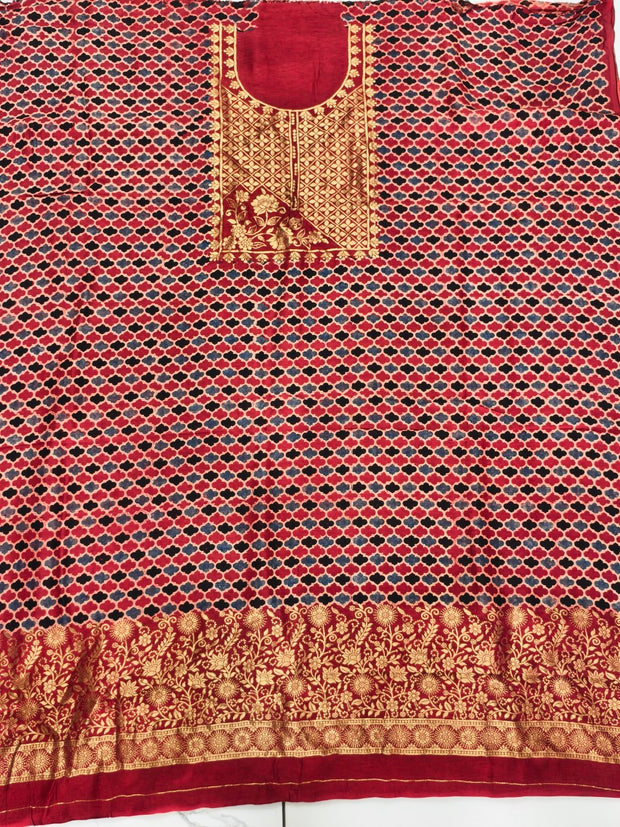 Premium Dola Silk Ajrakh Hand Block Print Natural Dye 2-Piece Suit with Zari Border Dupatta
