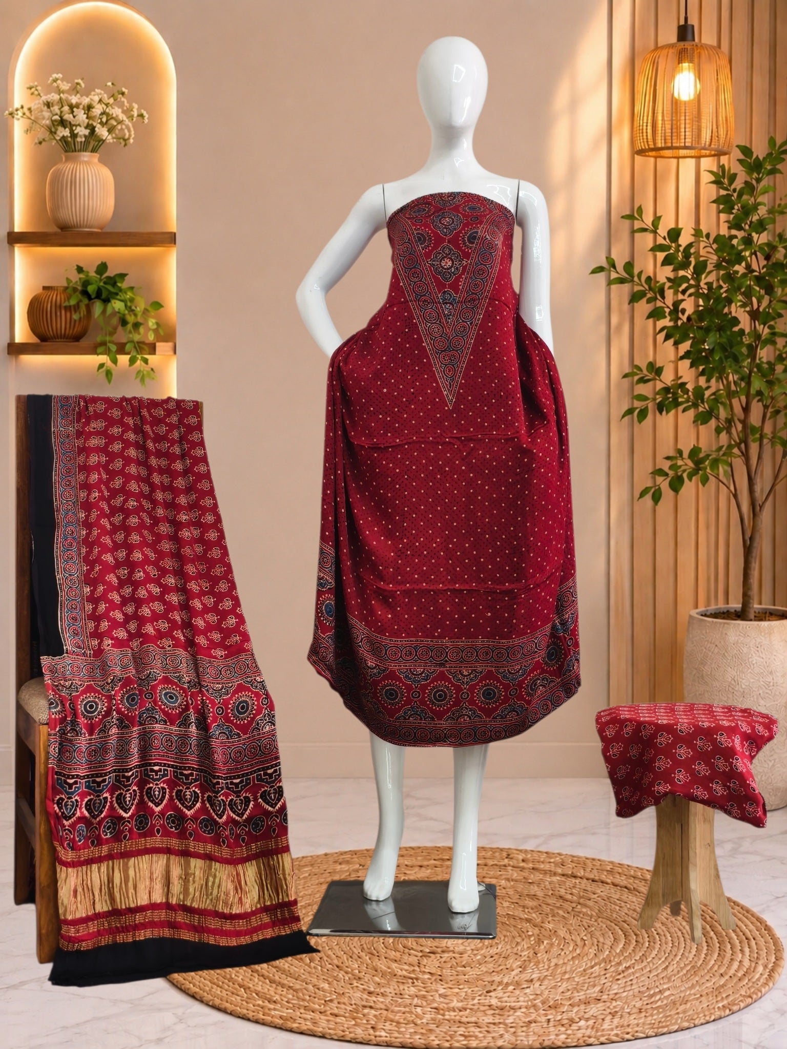 Ajrakh Hand Block Print Natural Dye Pure Modal Silk 3 Piece Suit with Zari Pallu Dupatta