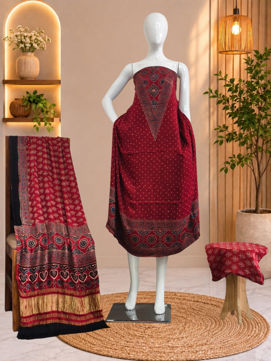 Ajrakh Hand Block Print Natural Dye Pure Modal Silk 3 Piece Suit with Zari Pallu Dupatta