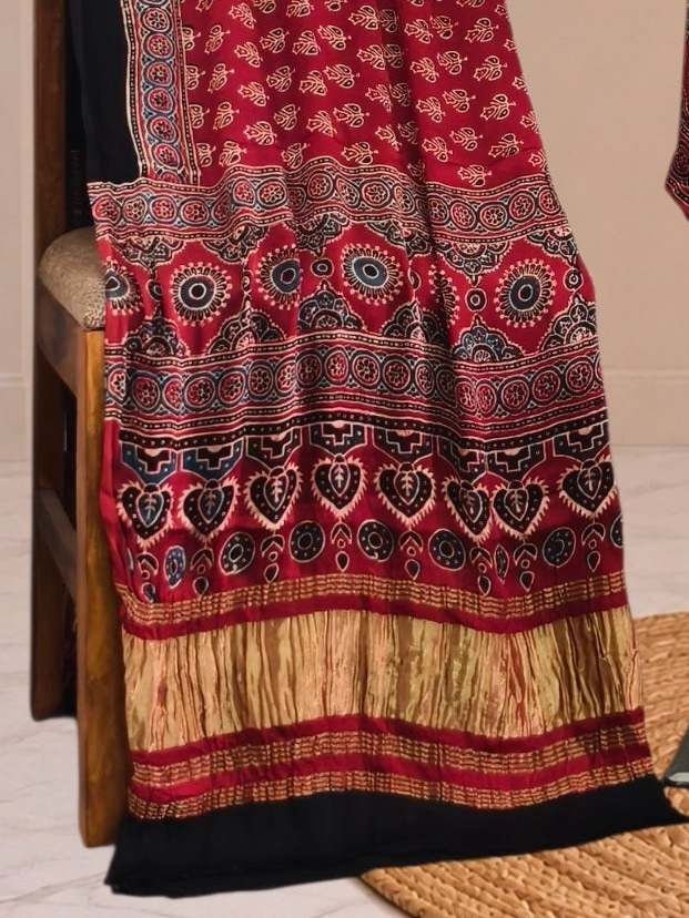 Ajrakh Hand Block Print Natural Dye Pure Modal Silk 3 Piece Suit with Zari Pallu Dupatta