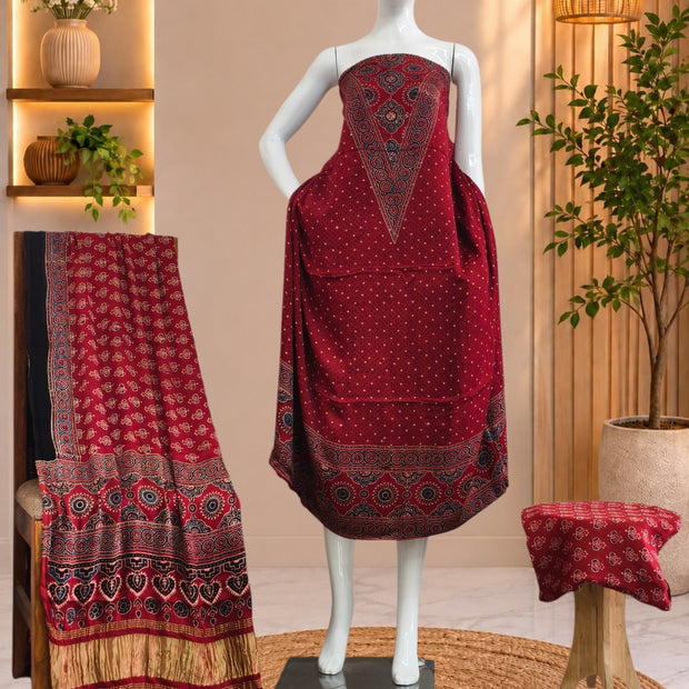 Ajrakh Hand Block Print Natural Dye Pure Modal Silk 3 Piece Suit with Zari Pallu Dupatta