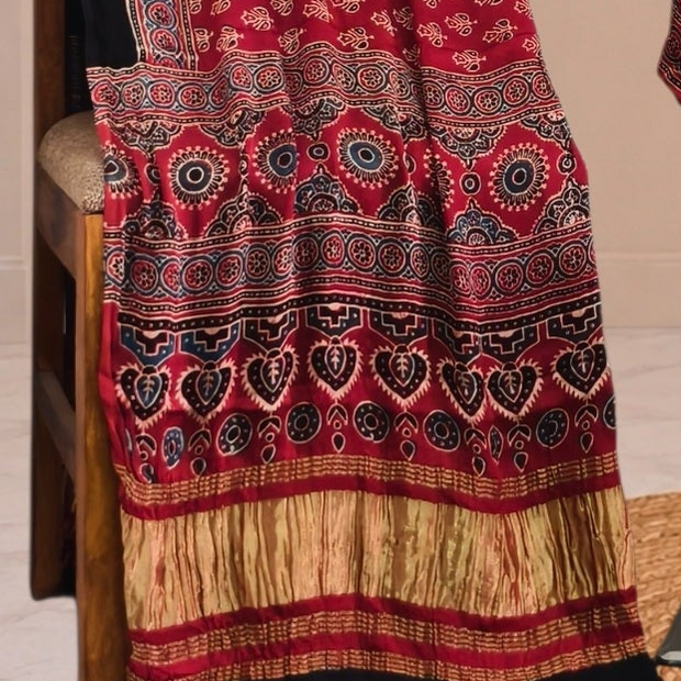 Ajrakh Hand Block Print Natural Dye Pure Modal Silk 3 Piece Suit with Zari Pallu Dupatta