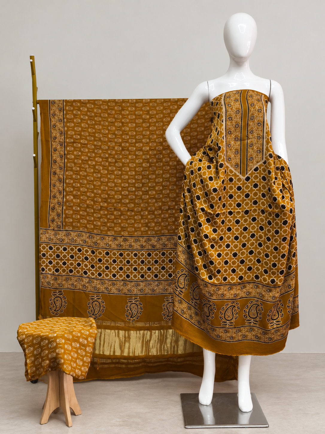 Havi Modal Silk Ajrakh Neptol Dye & Discharge Print Panel Design 3-Piece Suit - The Ajrakh Studio