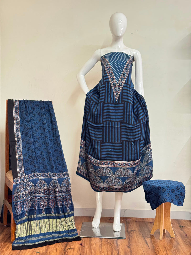 Ajrakh Hand Block Print Natural Dye Pure Modal Silk 3 Piece Suit with Zari Pallu Dupatta