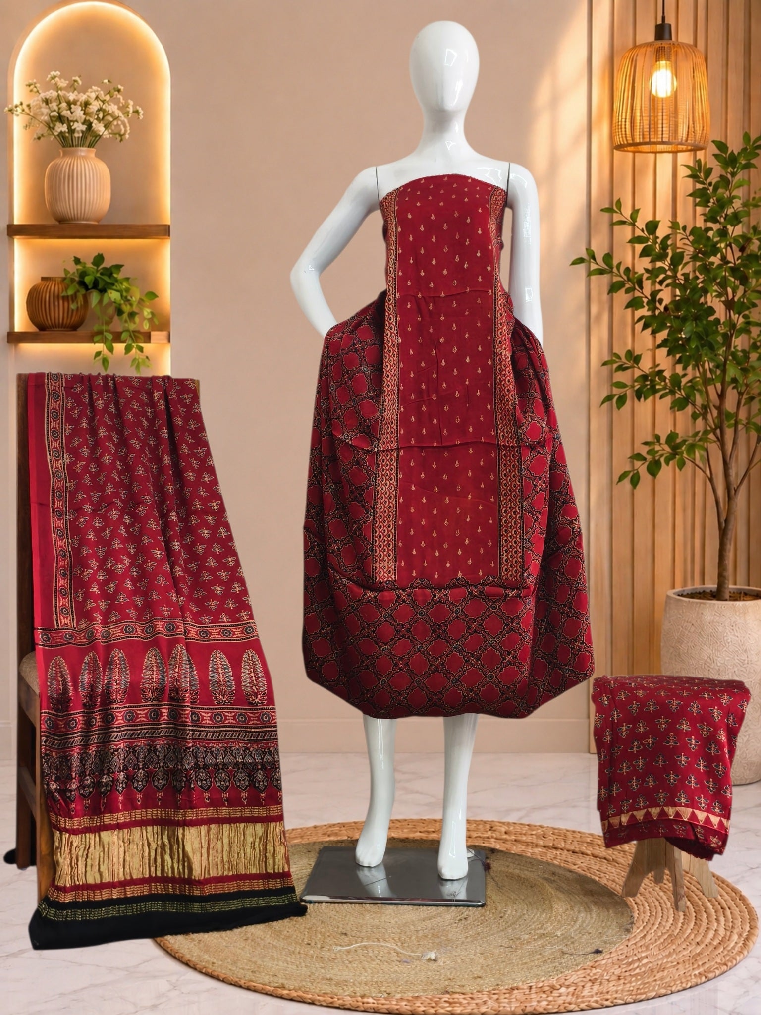 Ajrakh Hand Block Print Natural Dye Pure Modal Silk 3 Piece Suit with Zari Pallu Dupatta