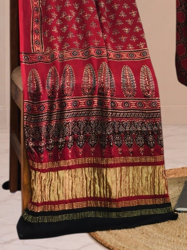 Ajrakh Hand Block Print Natural Dye Pure Modal Silk 3 Piece Suit with Zari Pallu Dupatta