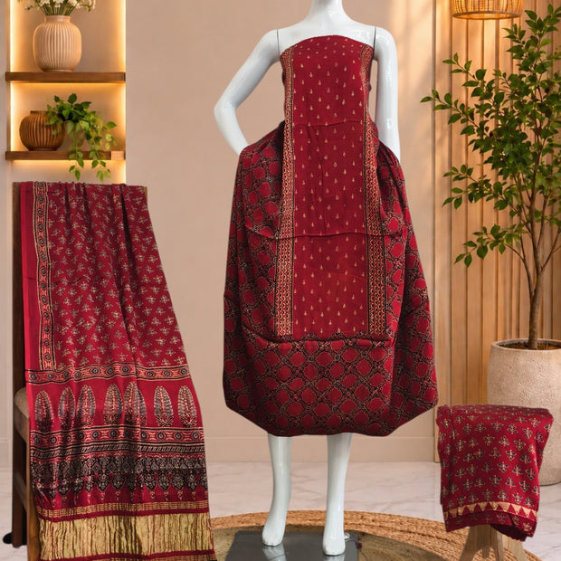 Ajrakh Hand Block Print Natural Dye Pure Modal Silk 3 Piece Suit with Zari Pallu Dupatta