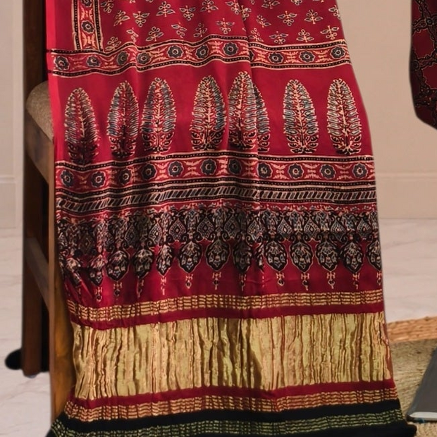 Ajrakh Hand Block Print Natural Dye Pure Modal Silk 3 Piece Suit with Zari Pallu Dupatta